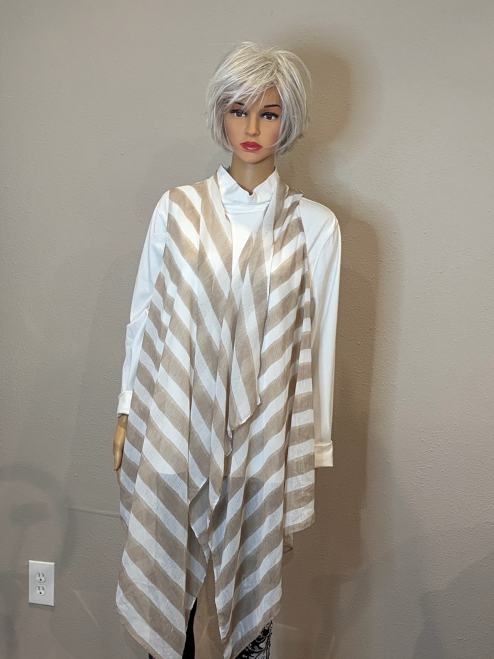 Chico's White and Beige Striped Lightweight Wrap Scarf